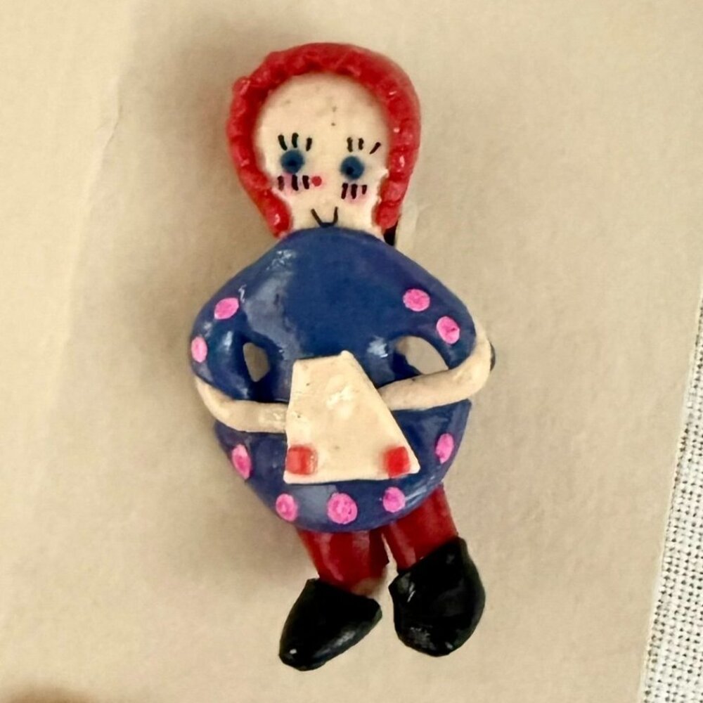 Vintage Handmade Clay Pin Raggedy Ann Inspired Folk Art Whimsical Brooch 1.5 in.